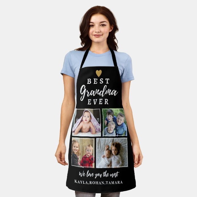 Best Grandma Ever 4 Photo Collage Gold Black   Apron (Worn)