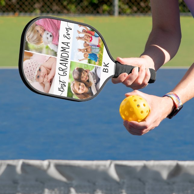 Best Grandma Ever 4 Photo Monogram Custom Colour Pickleball Paddle (Insitu)