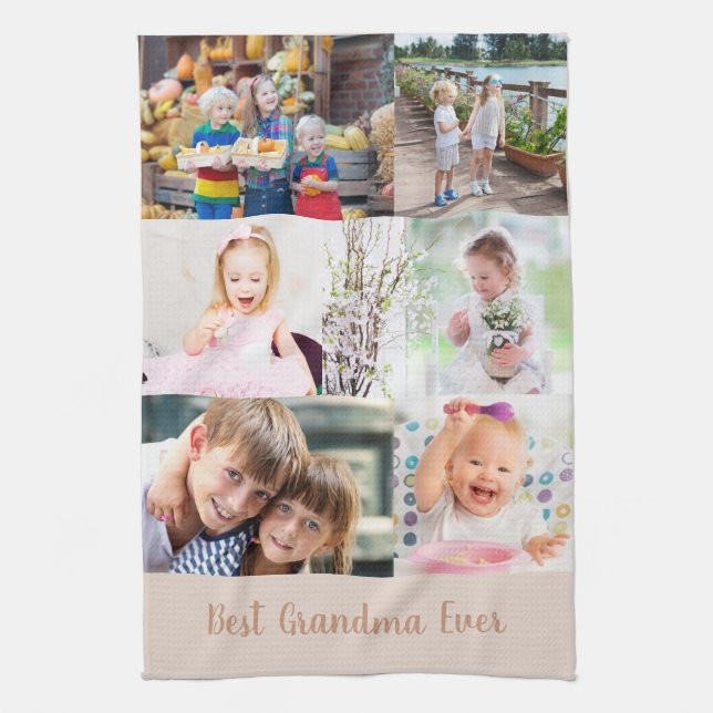 Best Grandma Ever 6 Photo Masonry Grid Beige Kitchen Towel (Vertical)