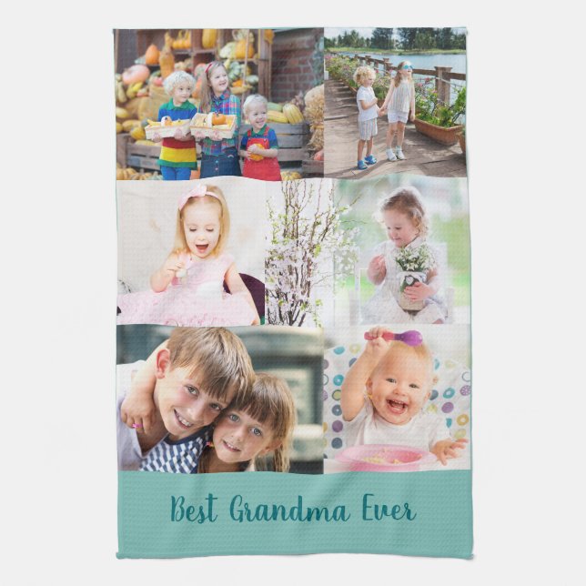 Best Grandma Ever 6 Photo Masonry Grid Green Kitchen Towel (Vertical)