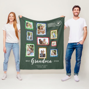 Best Grandma Ever 9-Photo Vintage Stamp Dark Sage Fleece Blanket