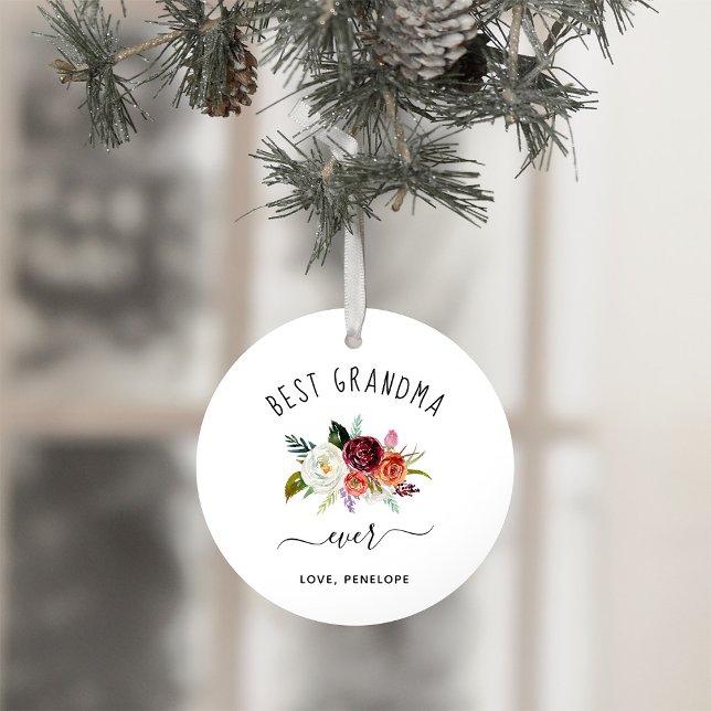 Best Grandma Ever | Burgundy Boho Floral Photo Ornament (A sweet and simple holiday ornament keepsake for your grandma)