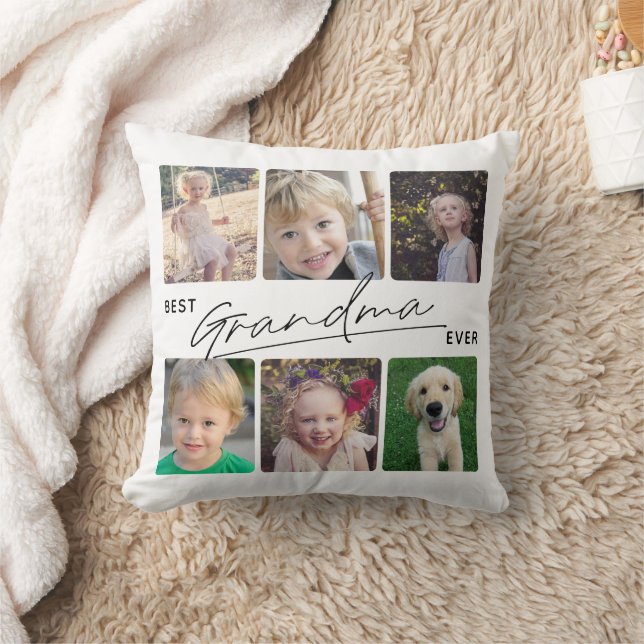 Best Grandma Ever Calligraphy 6 Photo Collage  Throw Pillow (Blanket)