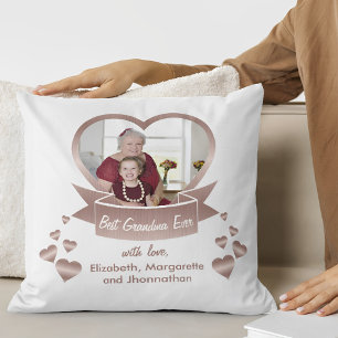 Best Grandma Ever Custom Photo Rose Gold Heart Throw Pillow