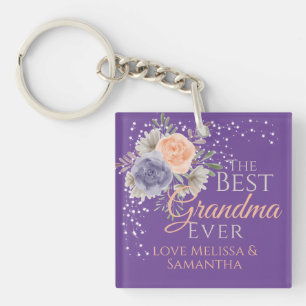 Best Grandma Ever Floral Purple Peony Rose Keychain