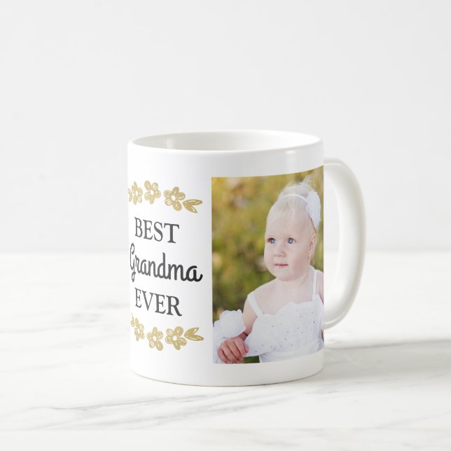 Best Grandma Ever Gold Flowers Custom Photo Coffee Mug (Front Right)
