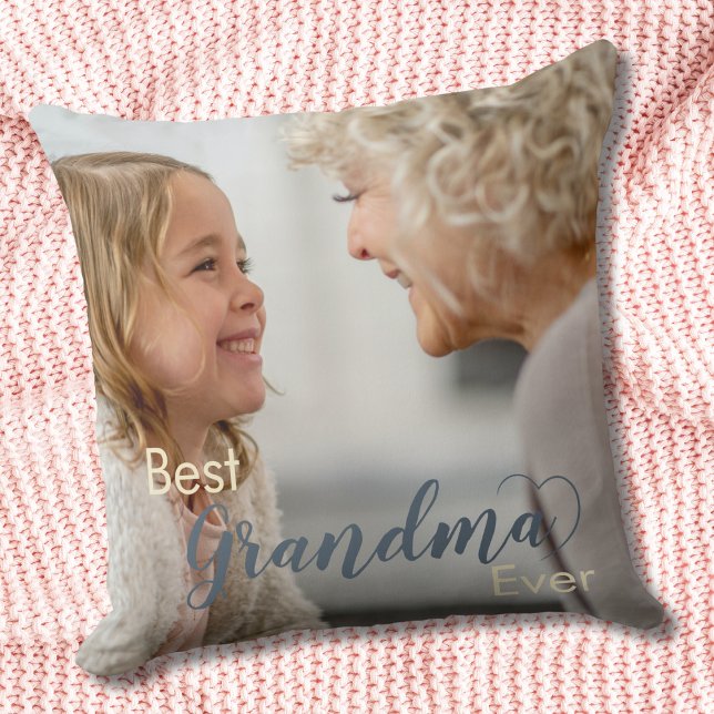 Best Grandma Ever Grey Script Heart Photo Throw Pillow (Creator Uploaded)