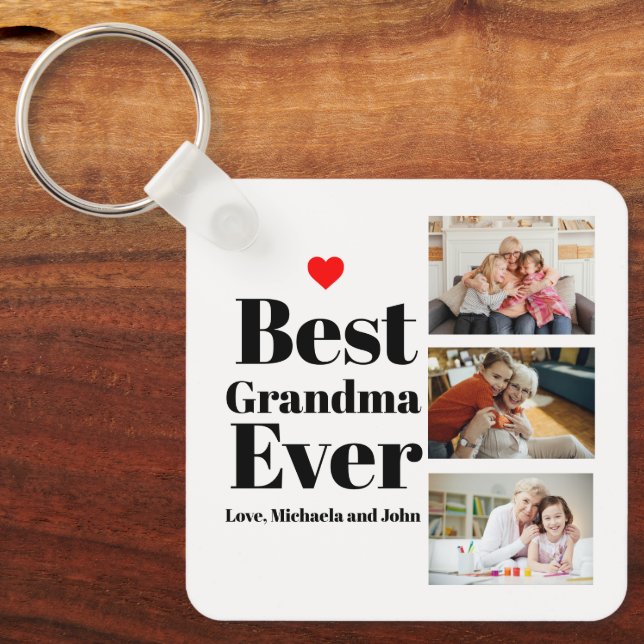Best Grandma Ever Heart 3 Photo Collage Keychain (Front)