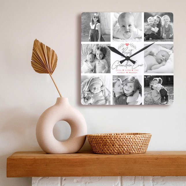 Best Grandma Ever Modern Script 8 Photo Collage Square Wall Clock (Creator Uploaded)