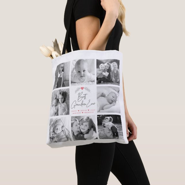 Best Grandma Ever Modern Script 8 Photo Collage Tote Bag (Close Up)