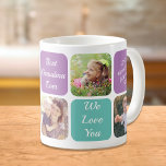 Best Grandma Ever Personalized Photos Purple Teal Coffee Mug<br><div class="desc">Celebrate a the best grandma ever with this custom purple and teal design. You can add five family photos, personalize the expressions of "Best Grandma Ever" and "I Love You" or "We Love You, " and whether she is called Granny, Nana, Abuela, etc., and her name. You can also add...</div>