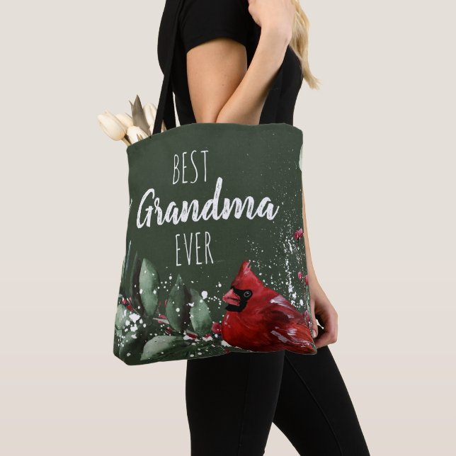 Best Grandma Ever Pretty Red Cardinal Photo Xmas Tote Bag (Close Up)