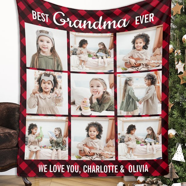 Best Grandma Ever Red Buffalo Plaid Photo Collage Fleece Blanket (Creator Uploaded)