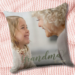 Best Grandma Ever Sage Green Script Heart Photo Throw Pillow