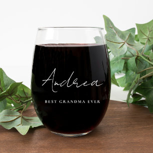 Best Grandma Ever White Script Monogram Stemless Wine Glass