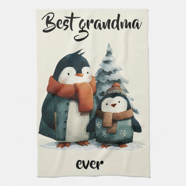 Best Grandma Ever Winter Penguins Kitchen Towel (Vertical)