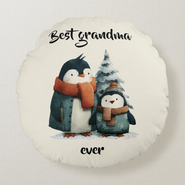 Best Grandma Ever Winter Penguins Round Pillow (Front)