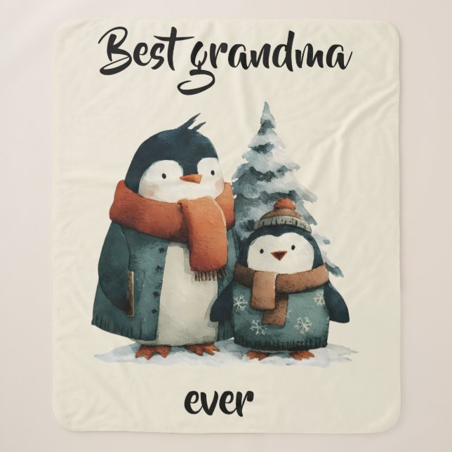 Best Grandma Ever Winter Penguins Sherpa Blanket (Front)