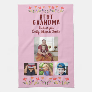 Best Grandma Flowers 4 Photo Collage Keepsake  Kitchen Towel