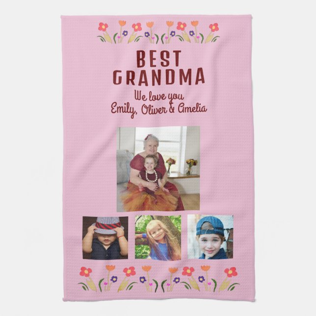 Best Grandma Flowers 4 Photo Collage Keepsake  Kitchen Towel (Vertical)