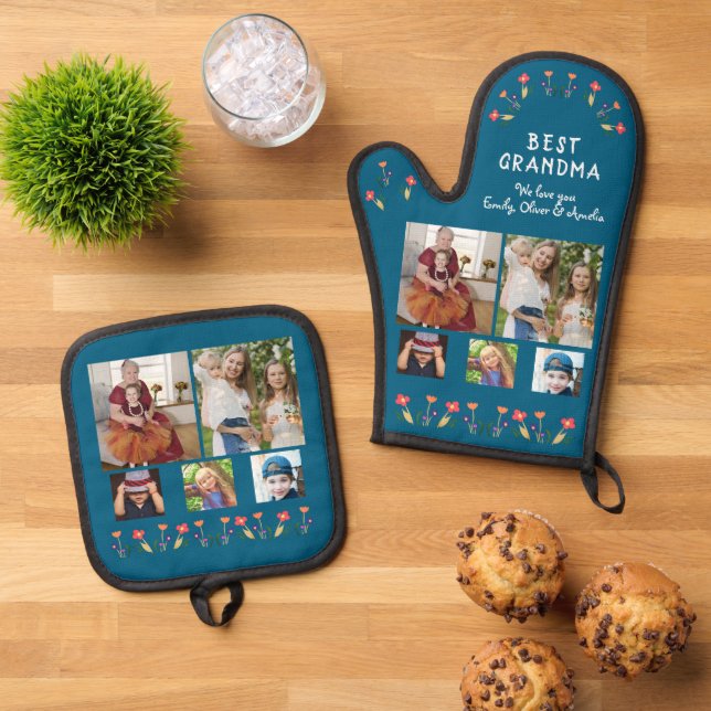 Best Grandma Flowers 5 Photo Collage Keepsake  Oven Mitt & Pot Holder Set (Top Down)
