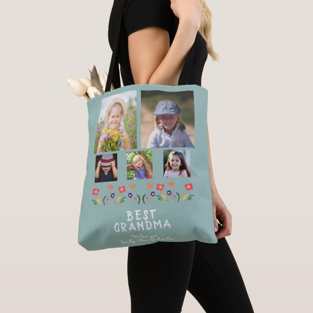 Best Grandma Flowers 5 Photo Collage Keepsake Tote Bag (Close Up)