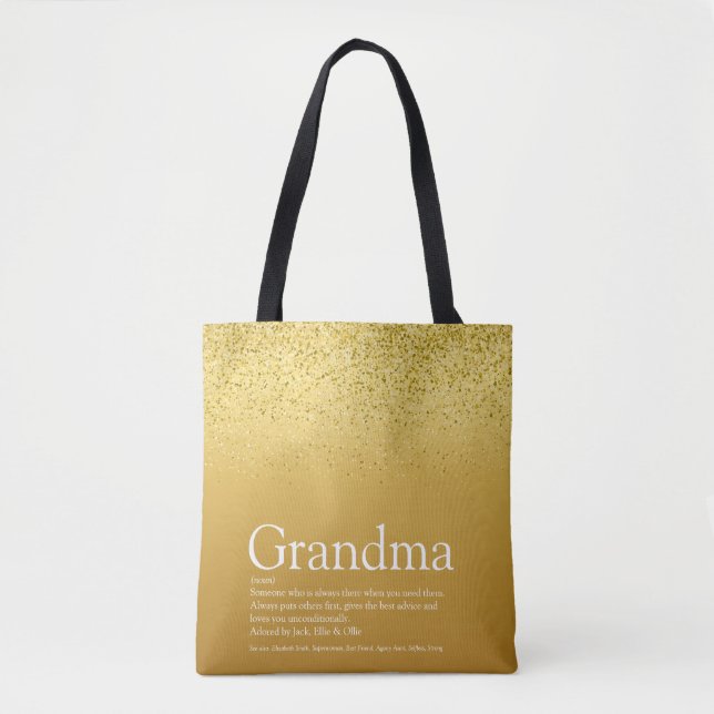 Best Grandma, Grandmother Definition Gold Glitter Tote Bag (Front)