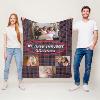 Best Grandma in Tartan Plaid 4 photos White Font Fleece Blanket