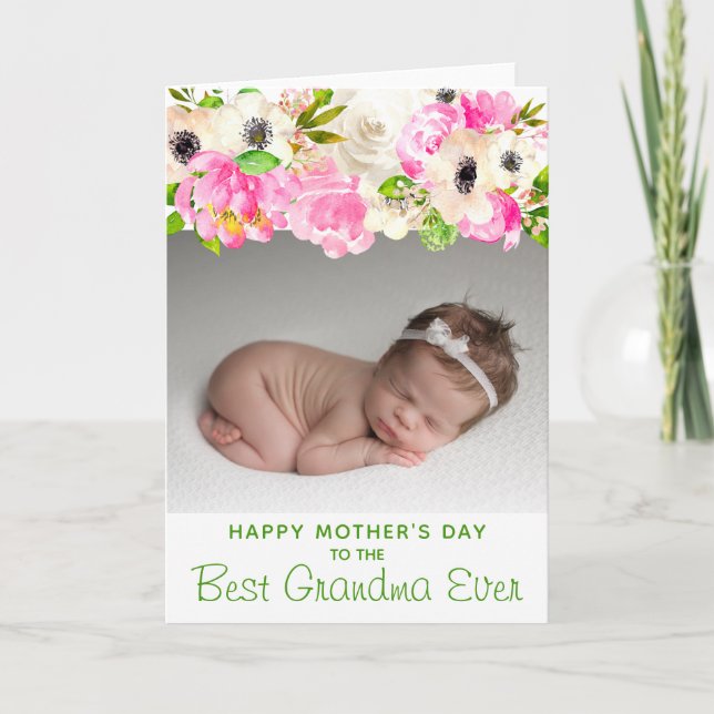 Best Grandma| Mother's Day| Floral Photo Green Card (Front)