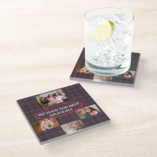 Best Grandma White Font 4 photos Plaid Background Glass Coaster