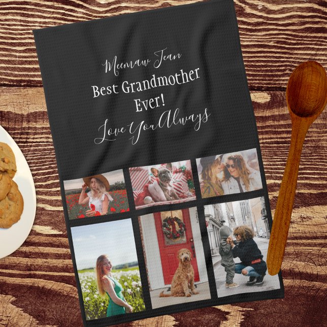Best Grandmother Ever 6 Photo Collage White Script Kitchen Towel (Creator Uploaded)
