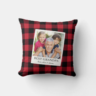 Best Grandpa Black and Red Plaid Photo Throw Pillow