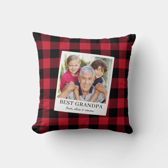 Best Grandpa Black and Red Plaid Photo Throw Pillow (Front)