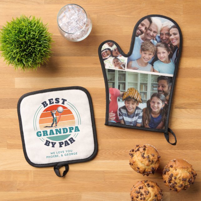 Best Grandpa by Par Family Photo Collage Custom Oven Mitt & Pot Holder Set (Top Down)