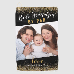 Best Grandpa By Par Family Photo Gold Sparkle Name Golf Towel