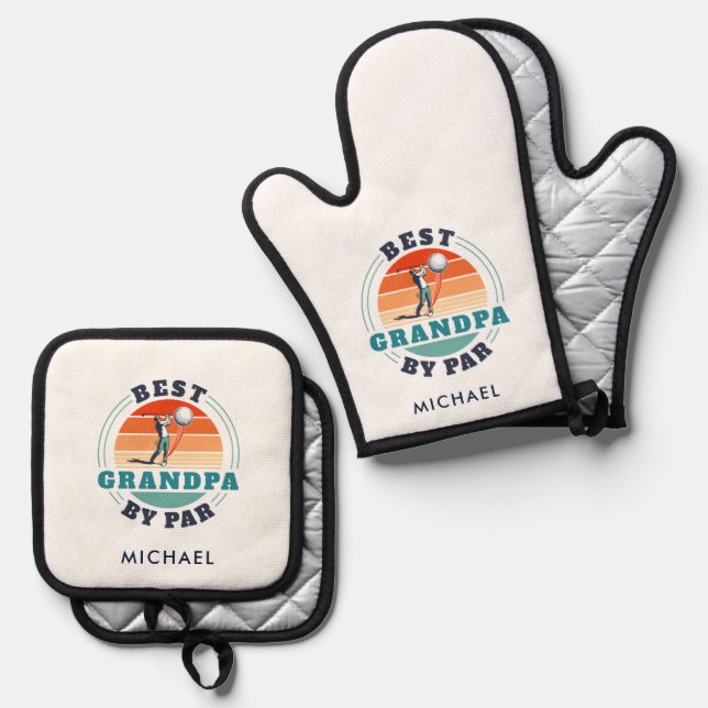Best Grandpa By Par Golf Lover Dad Personalized Oven Mitt & Pot Holder Set (Front/Back)