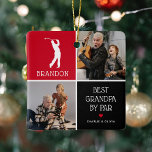 Best Grandpa by Par Photo Collage Christmas Ceramic Ornament<br><div class="desc">Surprise your golf pro Grandpa this Christmas with this cute photo keepsake ornament. Simply add 2 (two) custom pictures to this design from either your phone or computer. The design features a modern white golfer illustration personalized with their name underneath on a coloured block, the sweet pun that reads 'Best...</div>