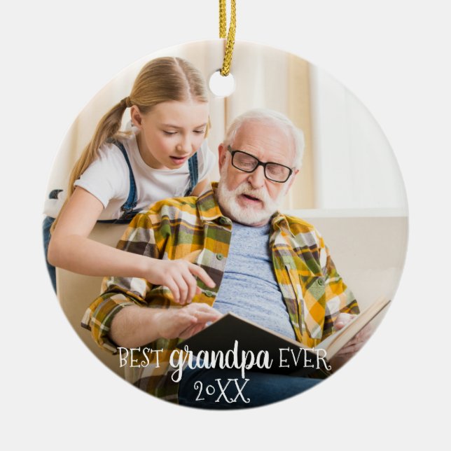 Best Grandpa Ever 2-Sided 2 Photo Christmas Ceramic Ornament (Front)