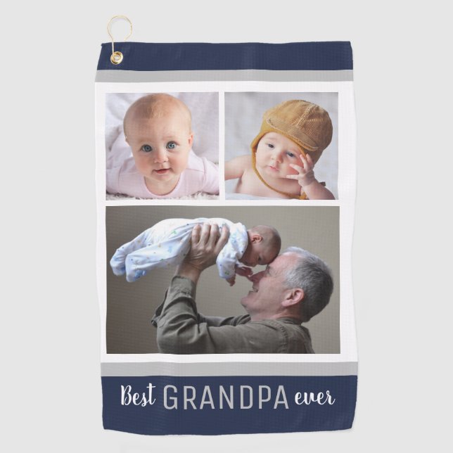Best Grandpa Ever 3 Photo Collage Navy Blue White Golf Towel (Front)