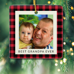 Best Grandpa Ever Buffalo Plaid Photo Christmas Ceramic Ornament