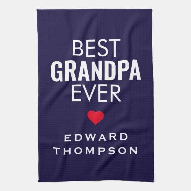 Best Grandpa Ever Heart Name White Navy Kitchen Towel (Vertical)