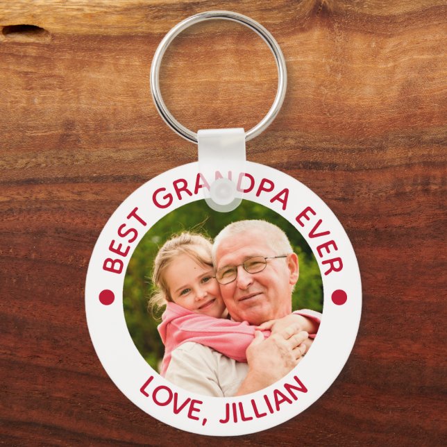 BEST GRANDPA EVER Photo Red Keychain (Front)