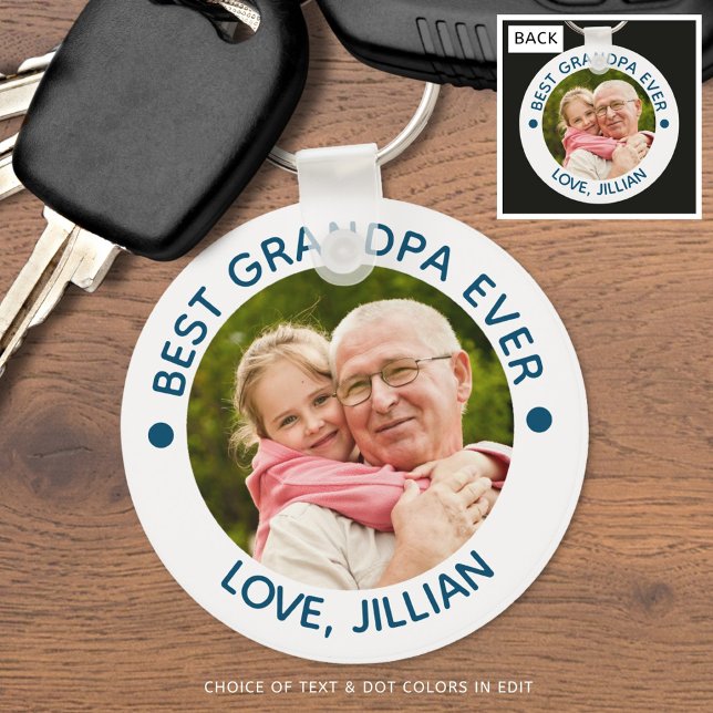 BEST GRANDPA EVER Photo Teal Blue Personalized Keychain (Creator Uploaded)