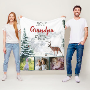 Best Grandpa Ever Rustic Winter Scene Deer 3 Photo Fleece Blanket