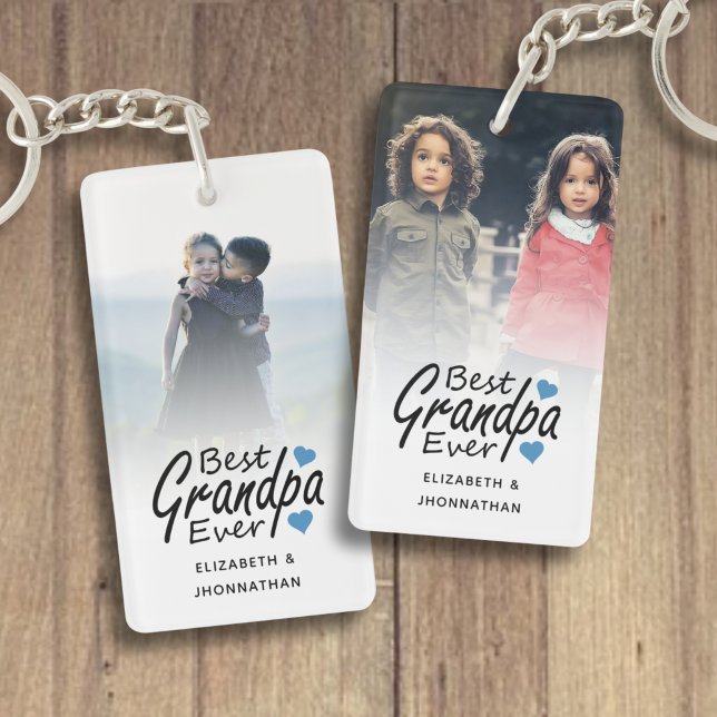 Best Grandpa Ever Script Name Blue Heart and Photo Keychain (Creator Uploaded)