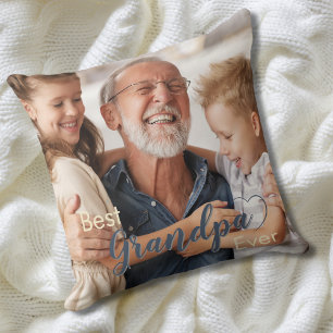 Best Grandpa Ever Two Photo Denim Blue Throw Pillow