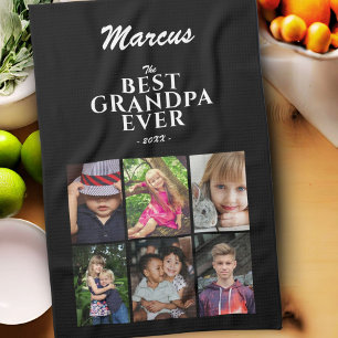 Best Grandpa Family Keepsake 6 Photo Collage Black Kitchen Towel