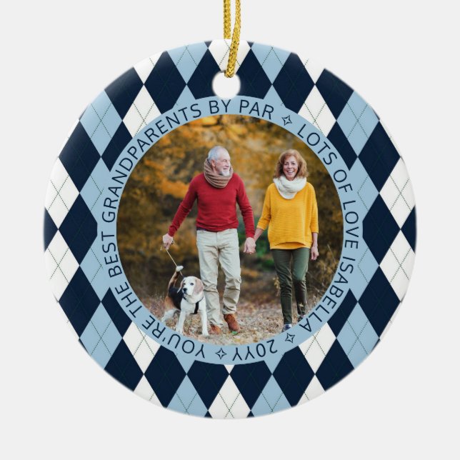 Best Grandparents by Par Blue Golf Argyle 2 Photo Ceramic Ornament (Front)