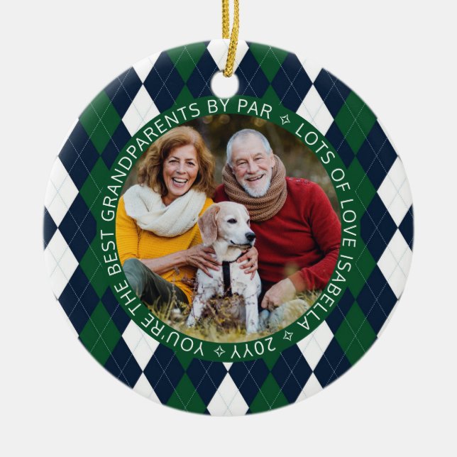 Best Grandparents by Par Green Golf Argyle 2 Photo Ceramic Ornament (Front)