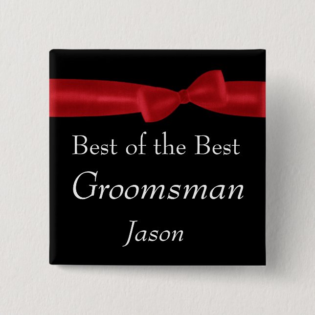Best GROOMSMAN Red Bow Wedding Custom Name 2 Inch Square Button (Front)